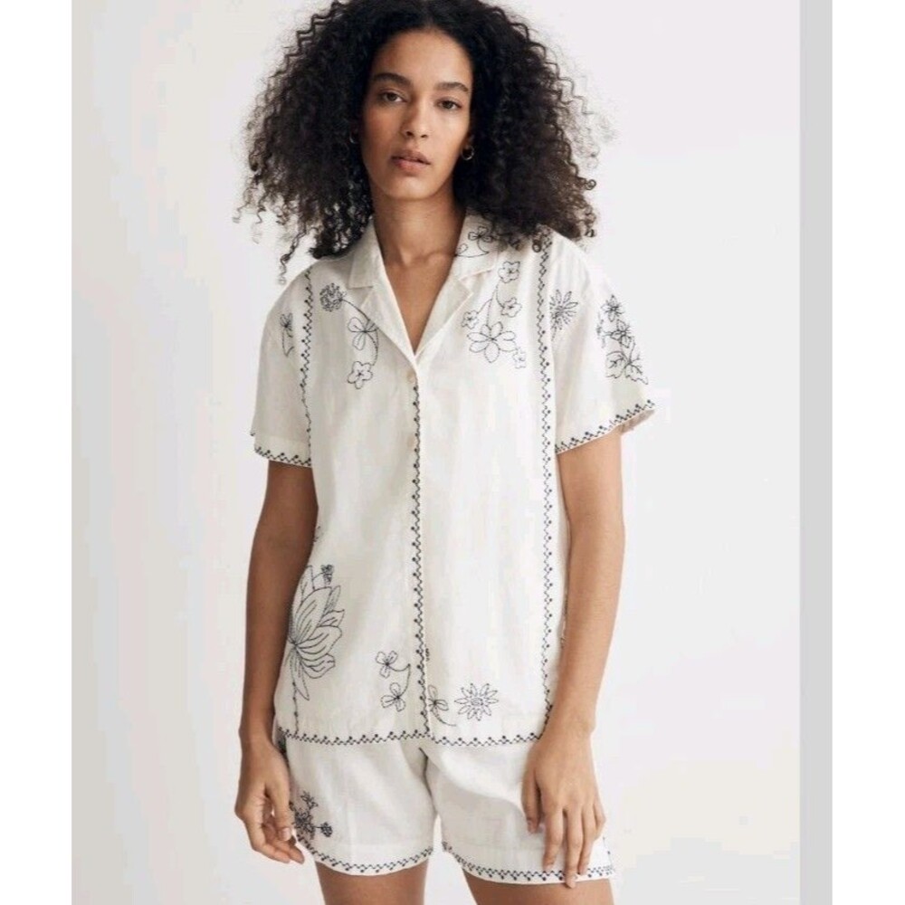 Madewell Women's Linen Blend Embroidered Camp Collar Shirt White Small S